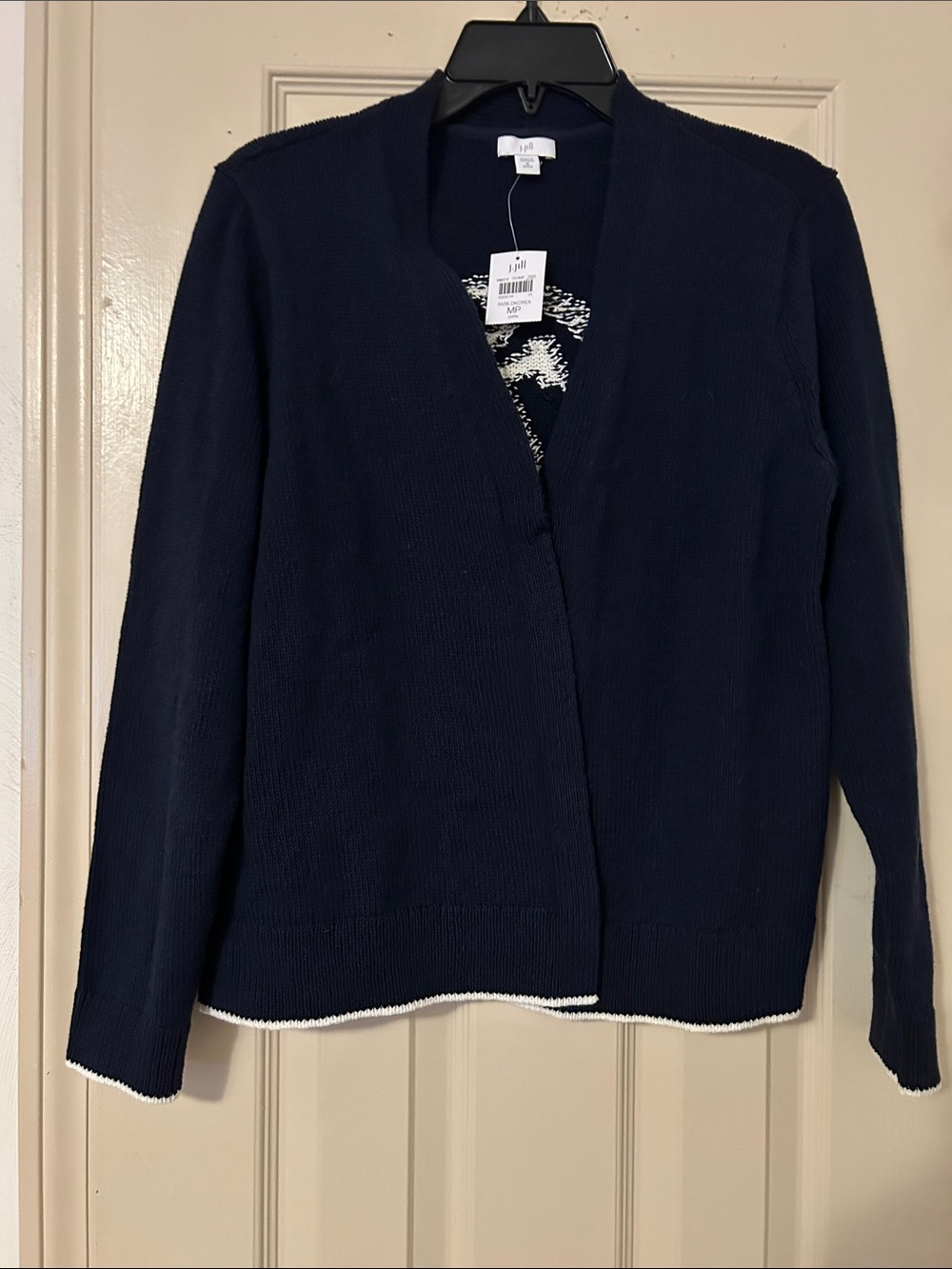 J. Jill Navy Open-Front Cardigan with White Trim